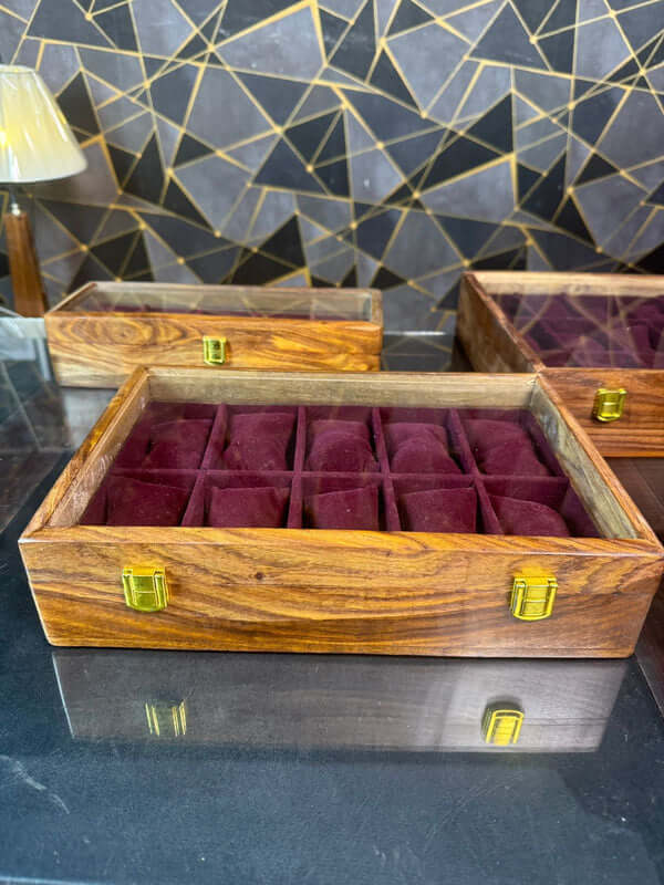 Close-up of handcrafted wooden watch box with secure locking system,10slots