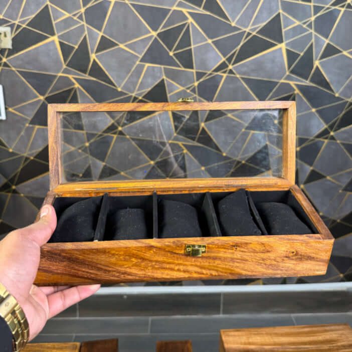 Open luxury wooden watch box showing soft velvet watch pillows,black colour,5slots